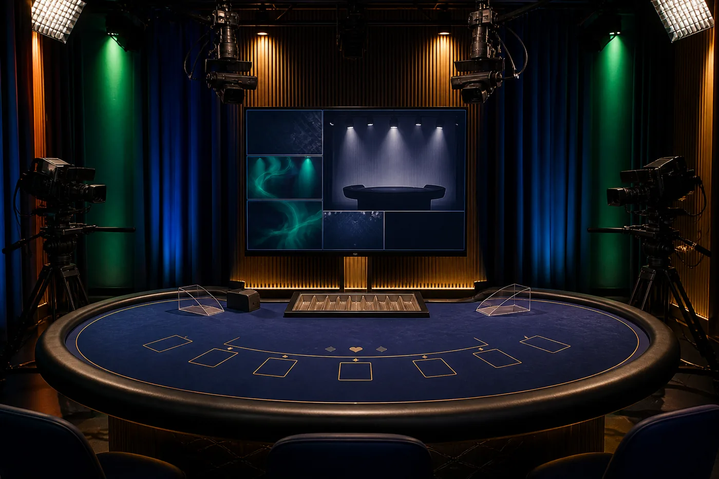Pengalaman live generik dengan studio dan meja kartu di layar