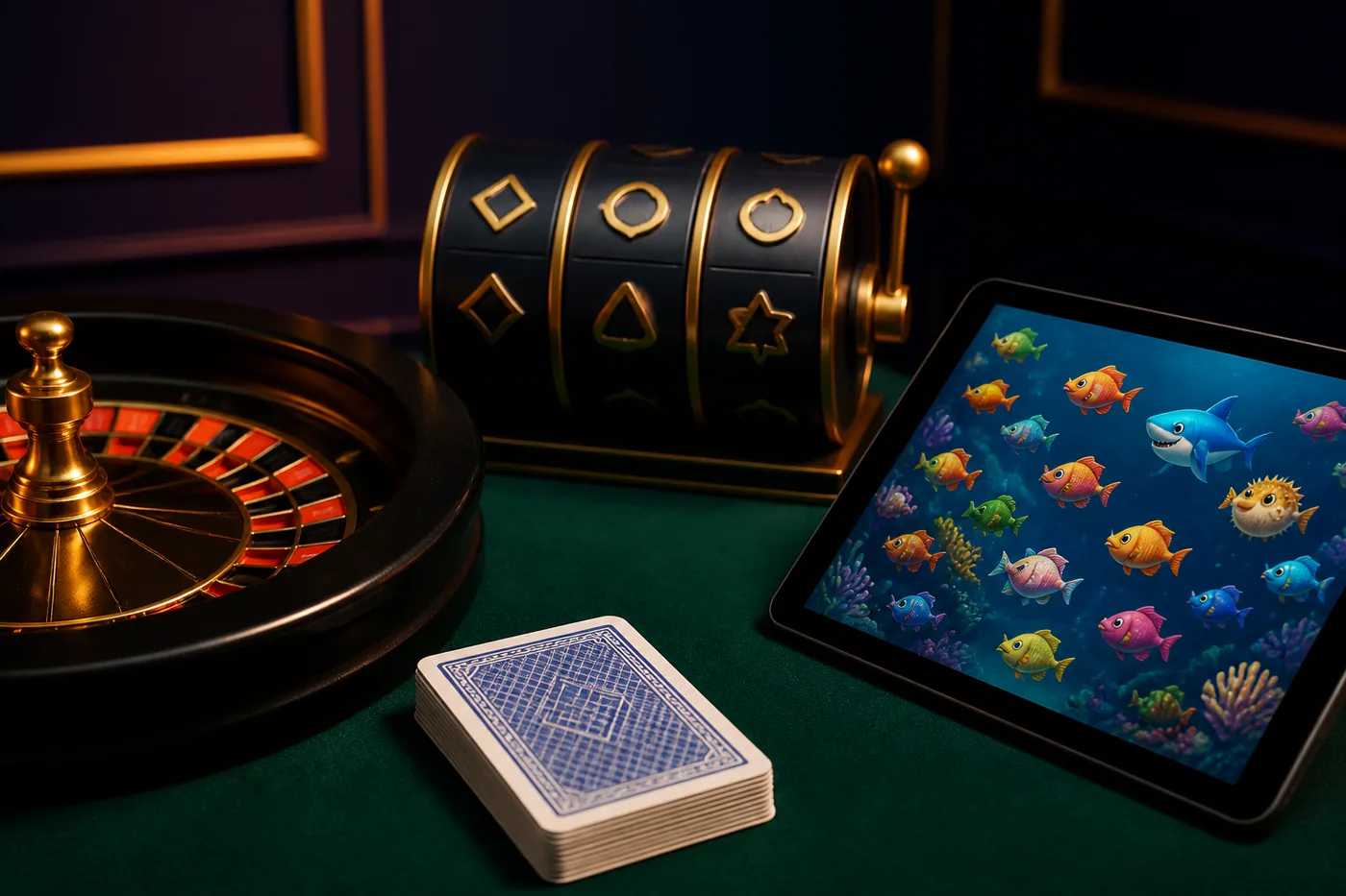 Spektrum permainan kasino, kartu, reel, dan arcade dalam visual editorial